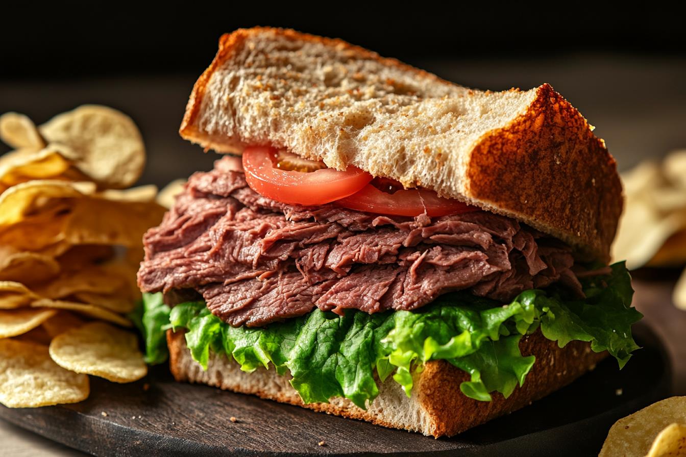 roast beef sandwich with lettuce and tomato chips stock photo royalty free
