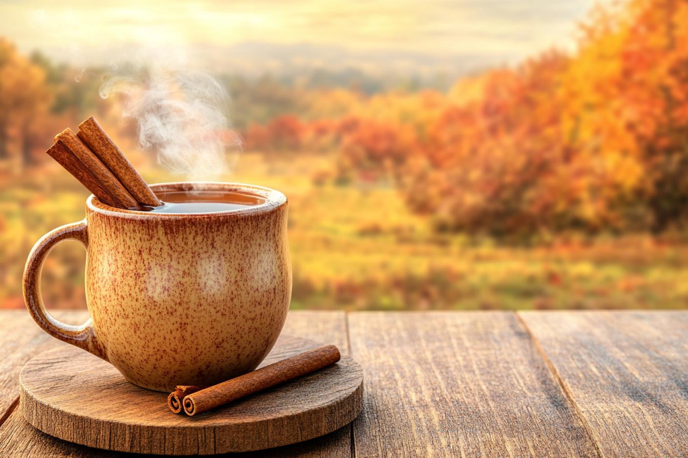 cinnamon coffee with autumn scenery warm drink image