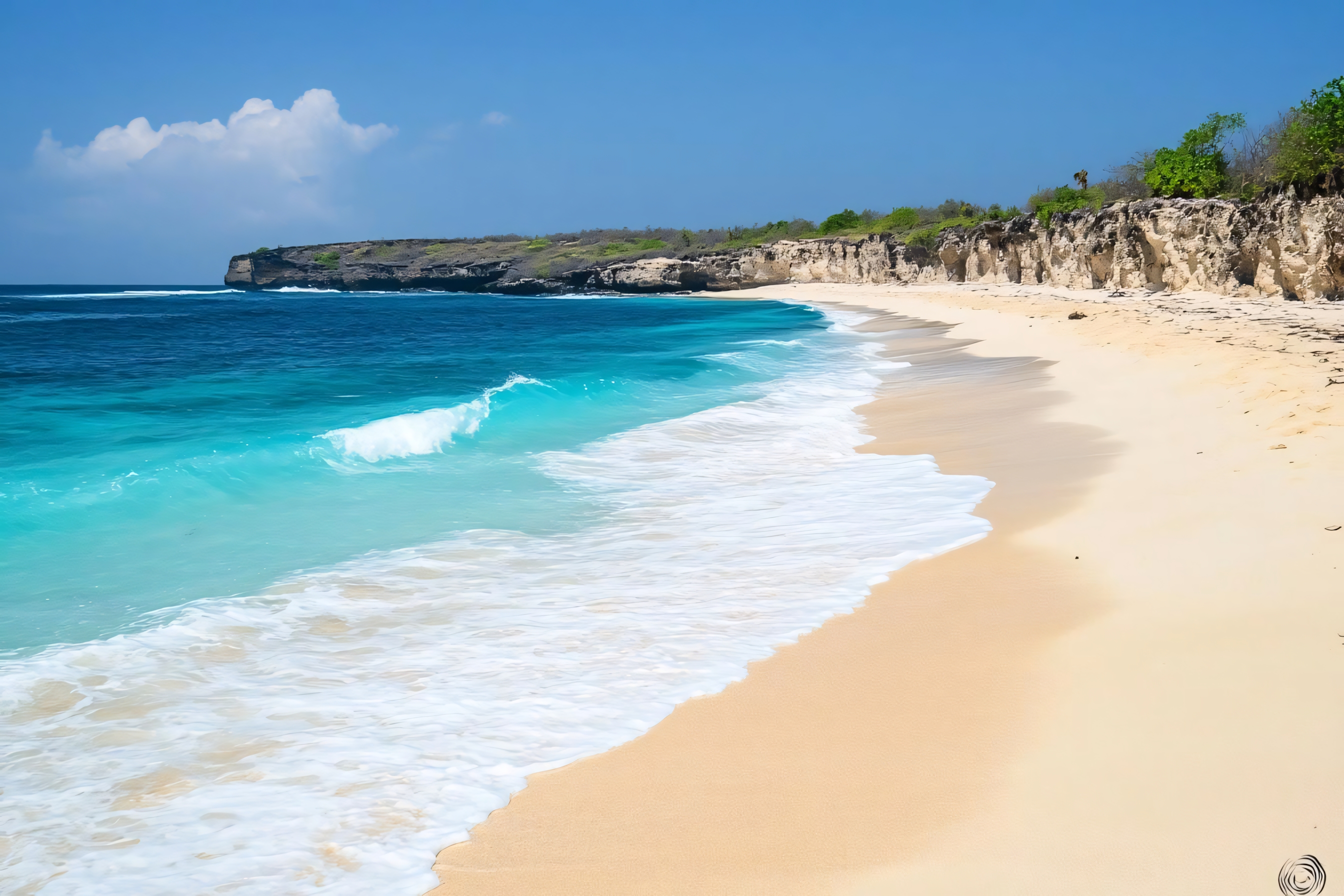 pristine tropical beach with clear blue ocean and white sand