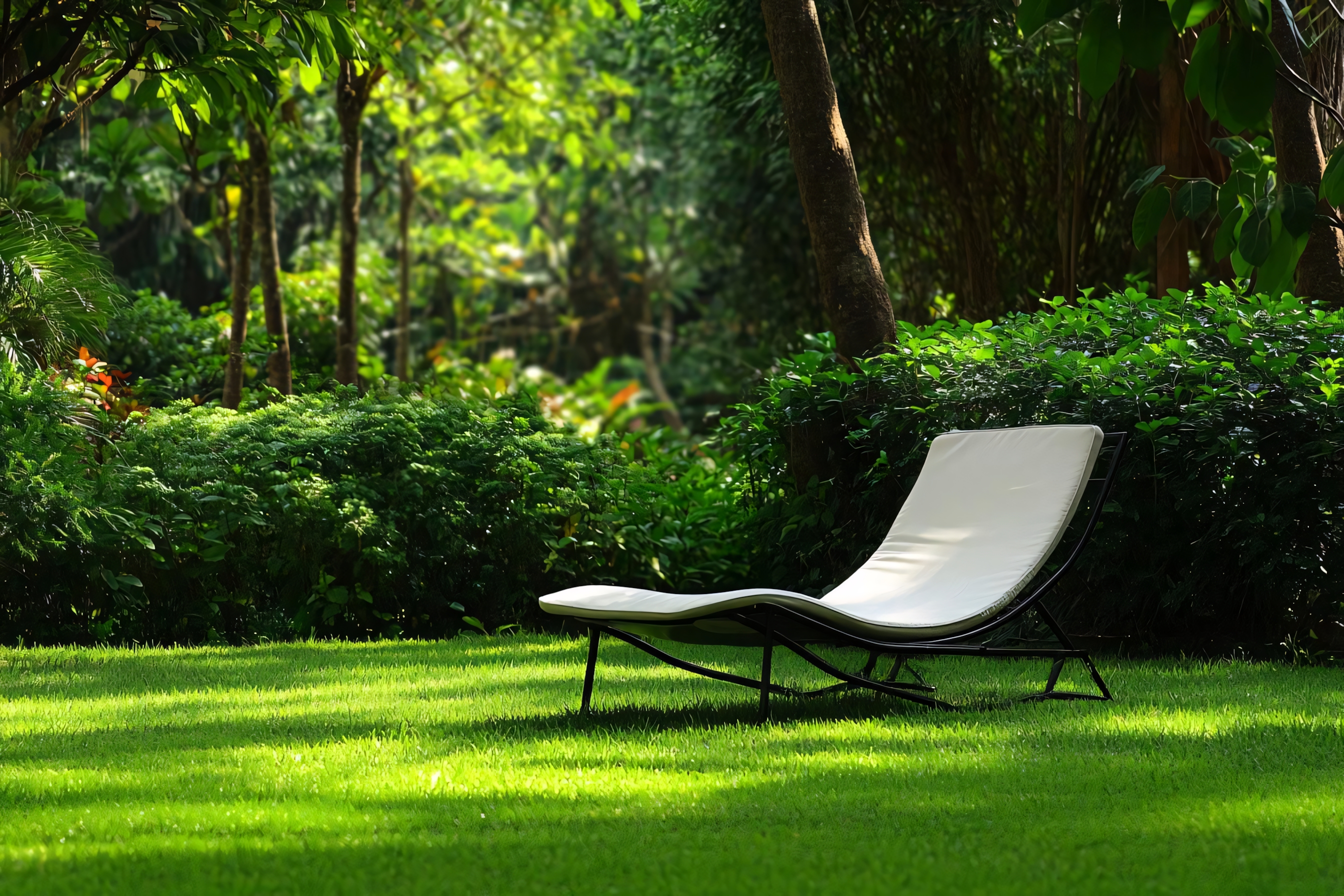 outdoor lounge chair in lush garden with green grass