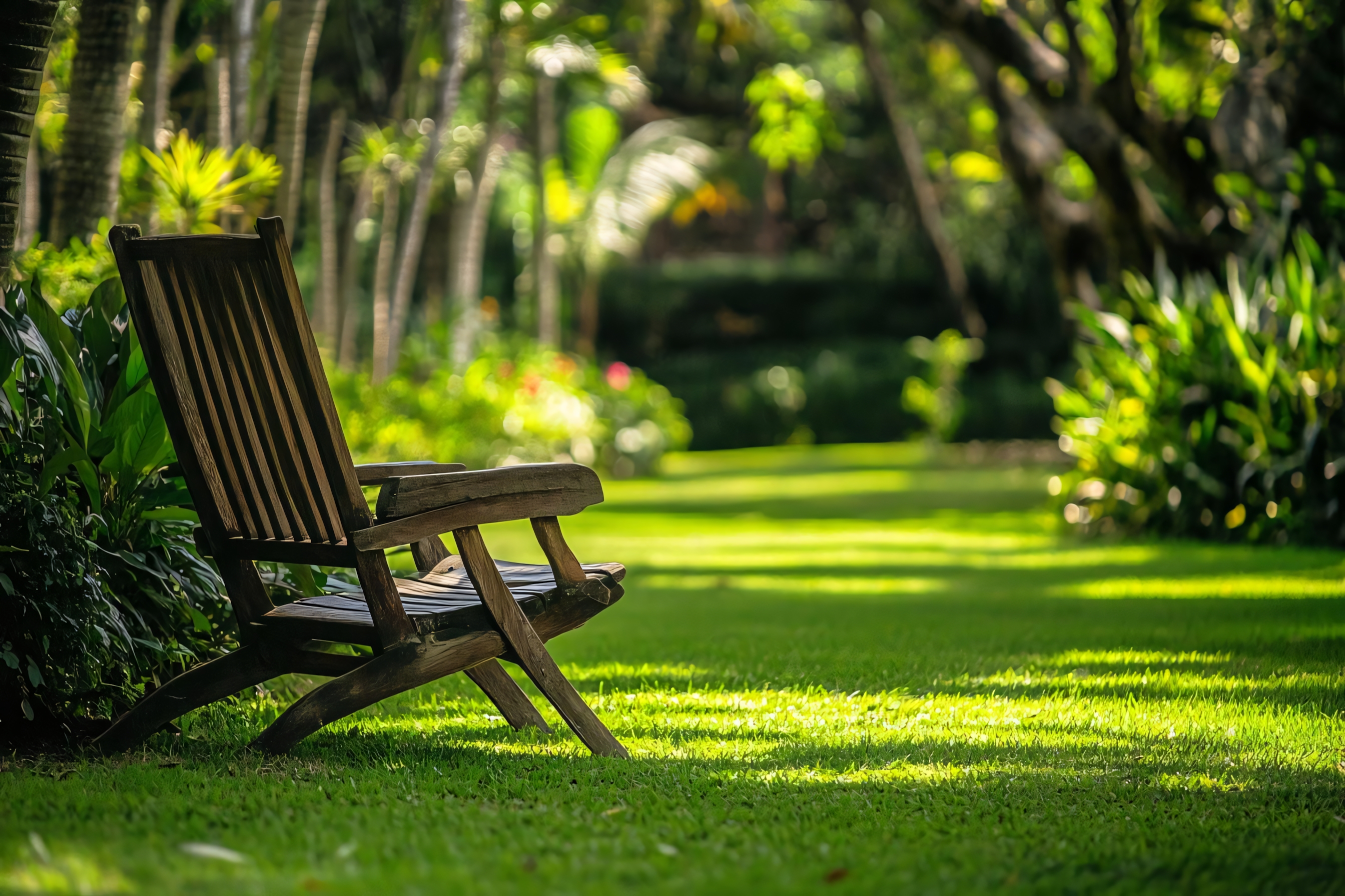 wooden garden chair in lush green garden with sunlight
