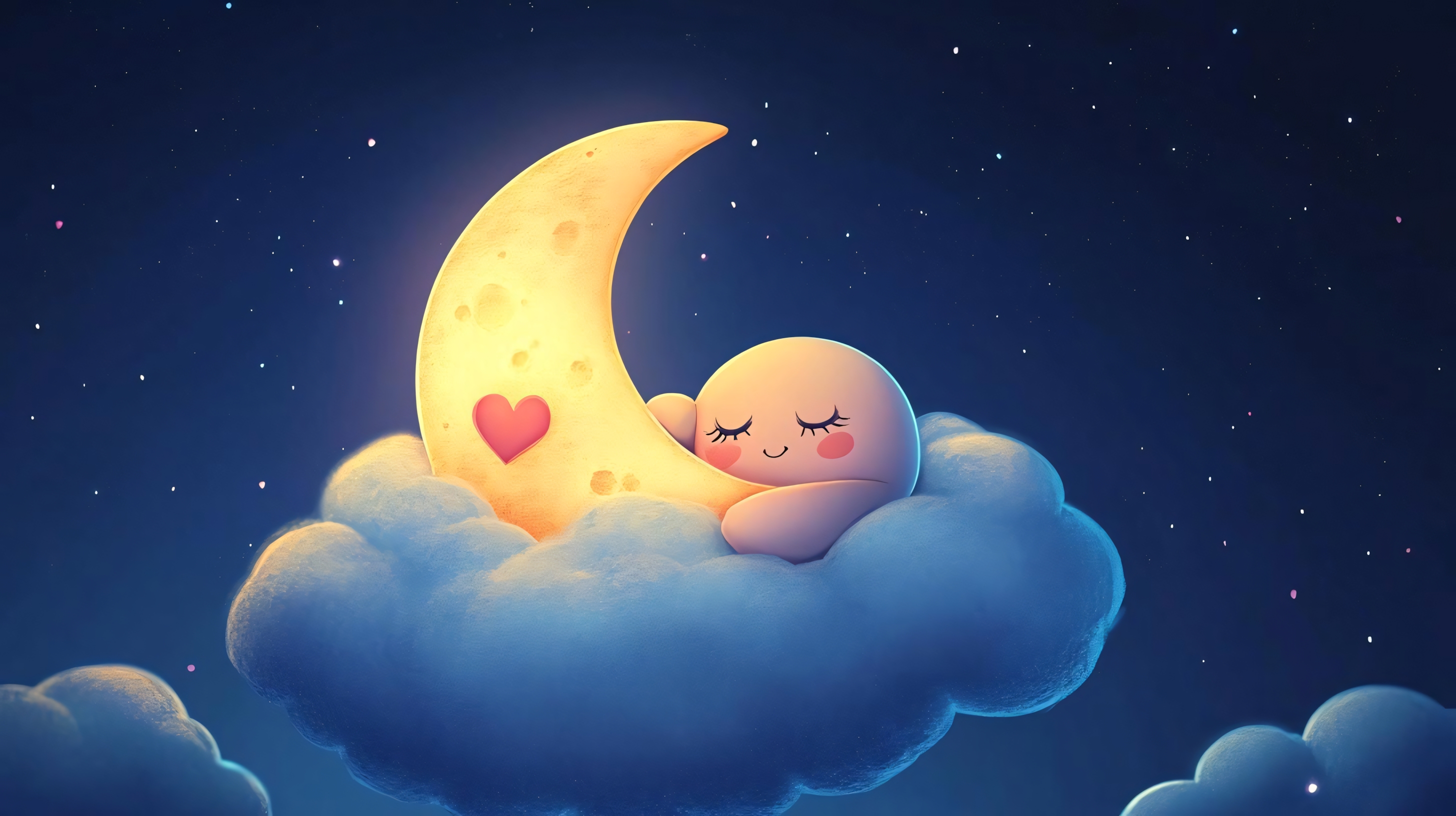 cute sleeping character on moon with stars and clouds illustration