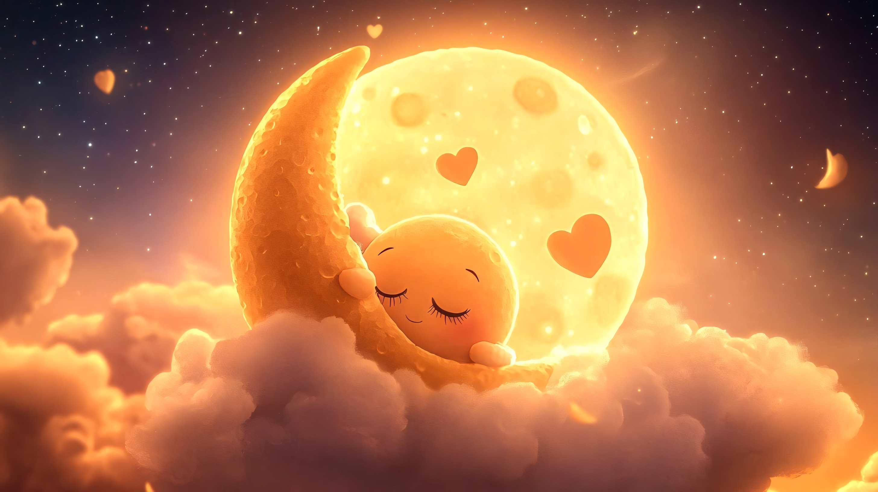 cute sleeping character on moon with big moon and hearts in the sky