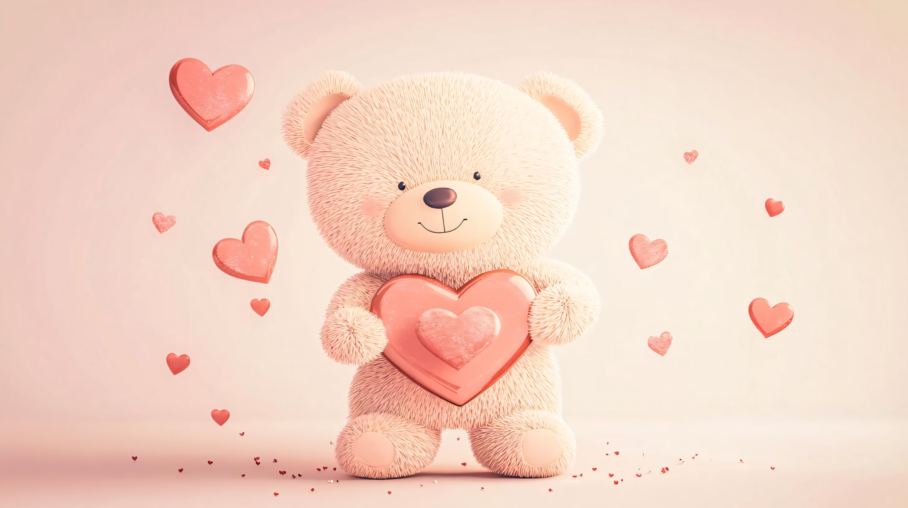 cute teddy bear holding heart with love hearts in the air