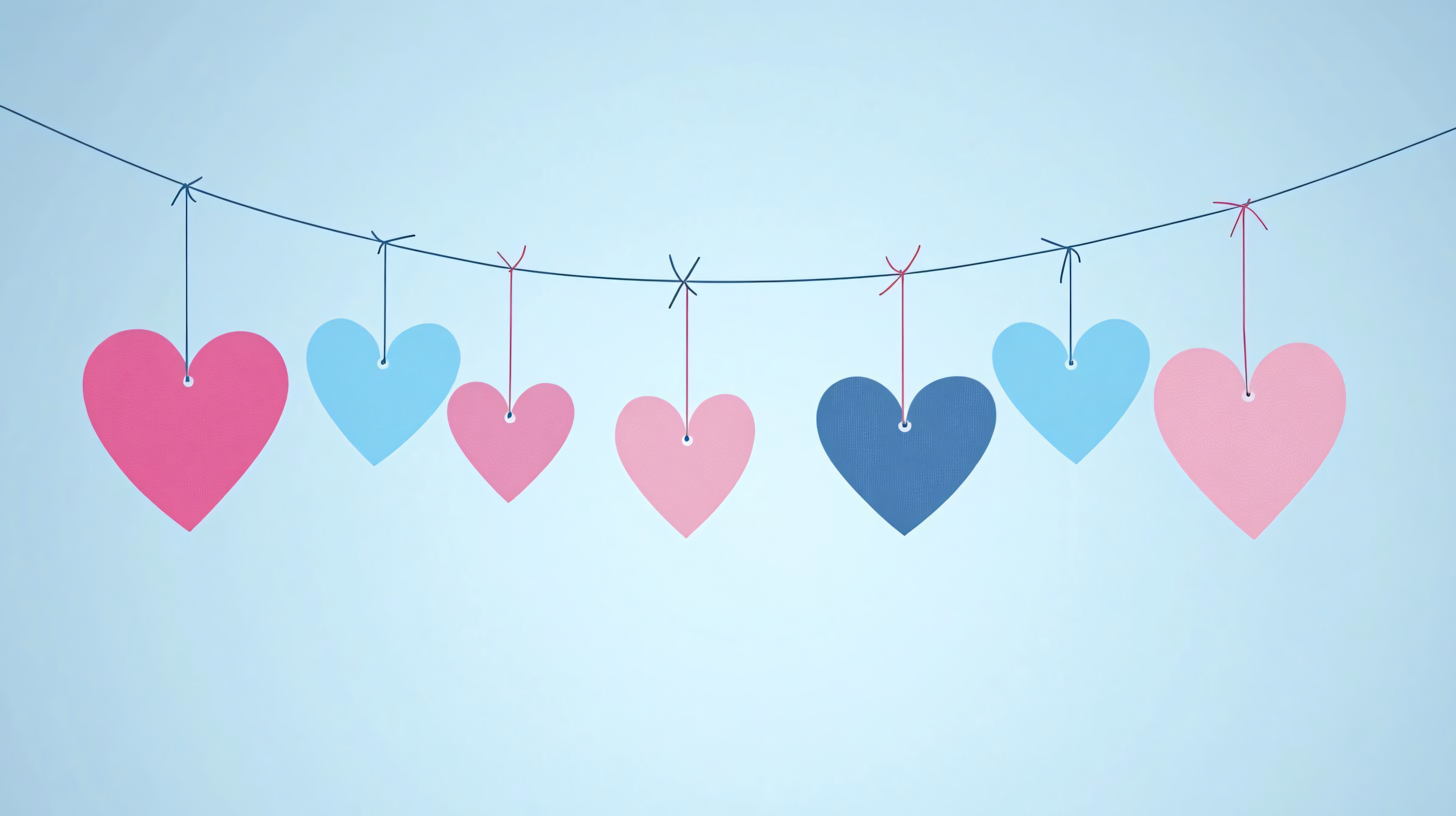 colorful hanging hearts on string against light blue background