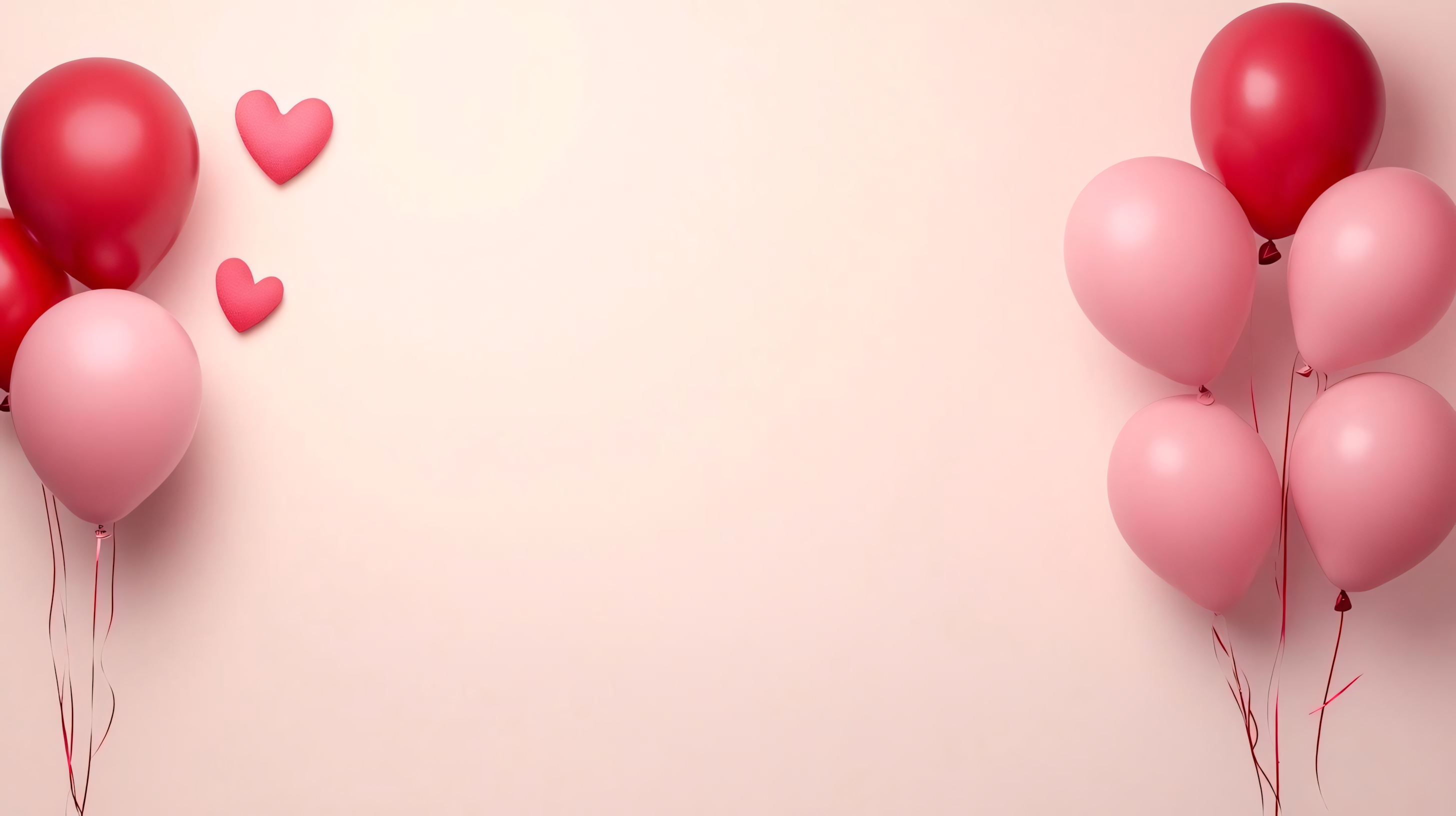 red and pink balloons with heart-shaped decorations on light pink background