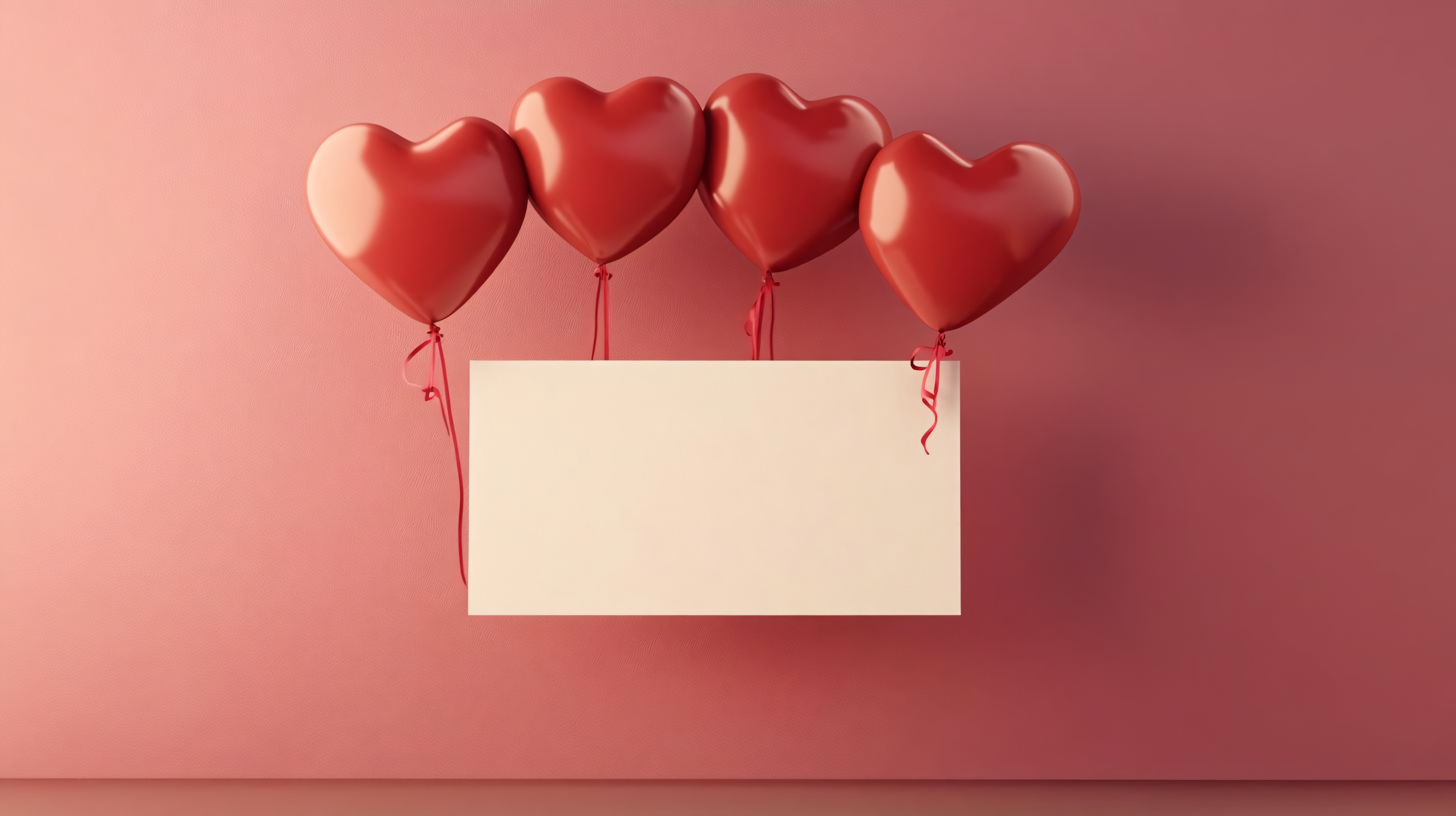 heart-shaped balloons with blank sign for text on pink background