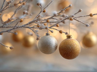 elegant golden and silver christmas baubles hanging on frosted tree branches
