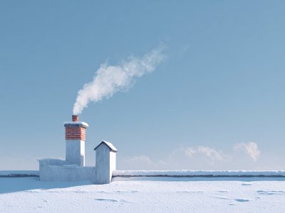 chimney with smoke in snowy winter landscape