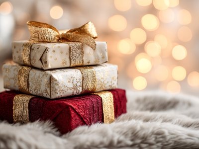 christmas gift boxes with gold ribbon and bokeh background