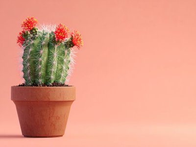 blooming cactus plant in a terracotta pot on a soft pink background