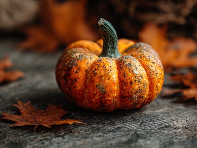 pumpkin on rustic wooden surface with autumn leaves