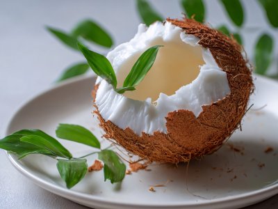 broken coconut with fresh coconut water and green leaves on a plate