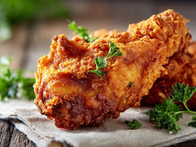crispy fried chicken with fresh parsley garnish on a rustic table