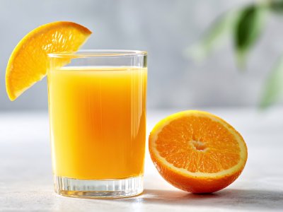 fresh orange juice in a glass with a slice of orange