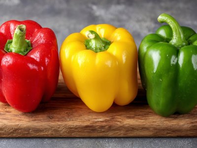 fresh colorful bell peppers on a wooden cutting board