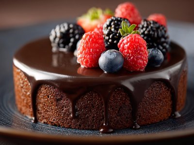 decadent chocolate cake topped with fresh berries