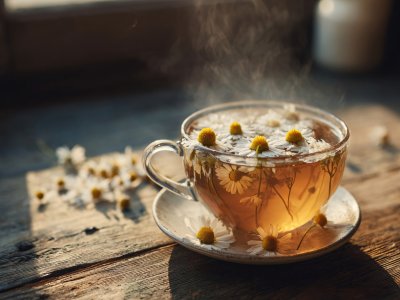 chamomile tea with flowers in glass cup for relaxation and wellness