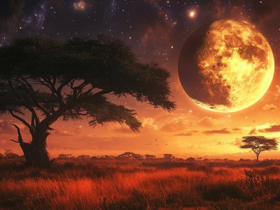 african savanna sunset with moon
