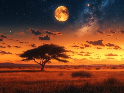 sunset savanna with full moon