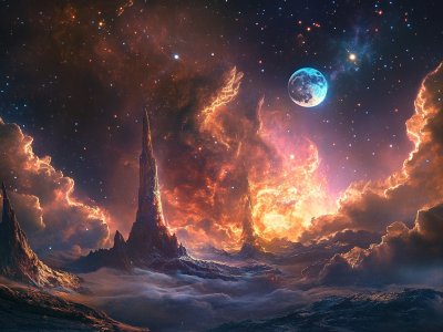 cosmic mountains and glowing moon