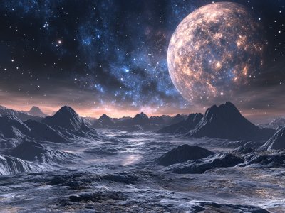 alien mountain range with moon