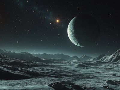 moon surface with distant planet