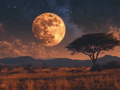 african savanna with glowing full moon