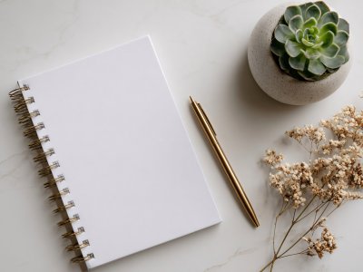 minimalist desk plant notebook workspace background