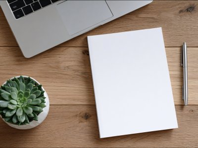 minimalist desk laptop notebook plant workspace