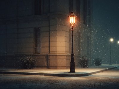 snowy night street lamp winter city