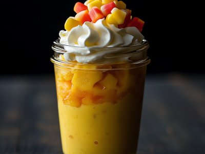 mango pudding with whipped cream topping