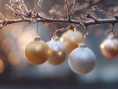 christmas tree ornaments with golden and silver baubles