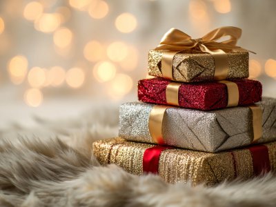 festive christmas presents with golden ribbons