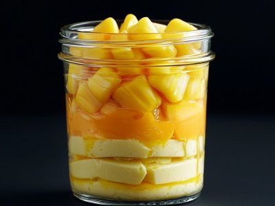 layered mango dessert with tofu in jar
