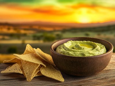 guacamole dip with tortilla chips and scenic background