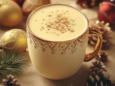 christmas eggnog with pine cones and holiday decorations