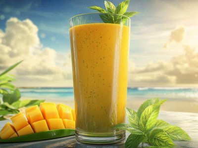 tropical mango smoothie with mint on beach background