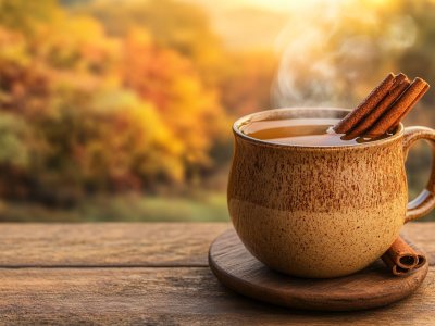 warm spiced drink with cinnamon in autumn setting