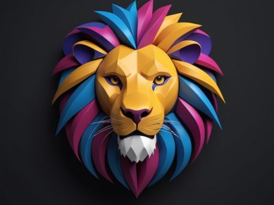 colorful geometric lion head in 3D art style on dark background