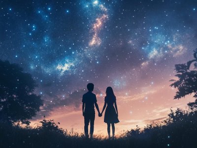 romantic couple under the starry night sky with cosmic background