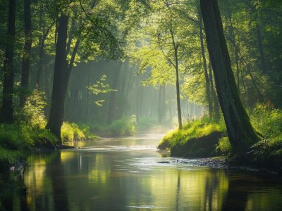 peaceful forest stream with sunlight filtering through trees