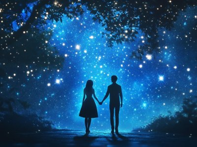 romantic couple holding hands under a starry sky for valentine's day