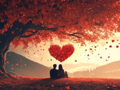 romantic couple under heart-shaped tree for valentine's day