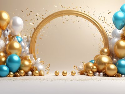 birthday celebration background with gold and blue balloons