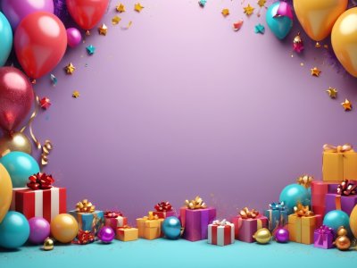 colorful birthday celebration background with balloons and gifts
