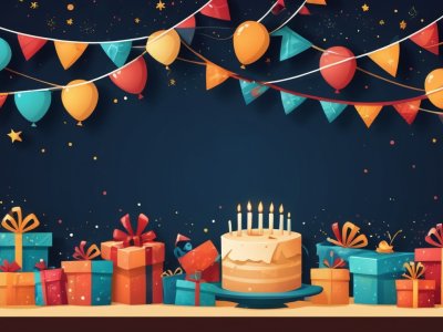 colorful birthday party background with gifts, balloons, and cake