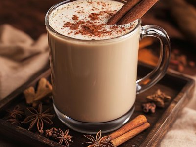 spiced latte with cinnamon and star anise, cozy autumn drink background