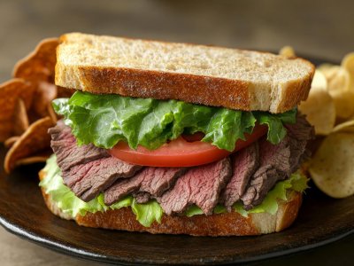 roast beef sandwich with lettuce, tomato, and bread served with chips