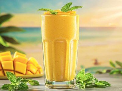refreshing mango smoothie with mint, tropical summer drink